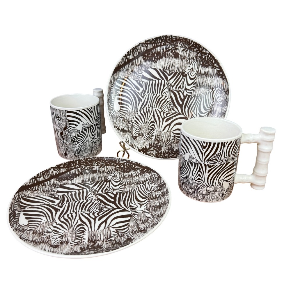 1970s Arnart Royal Crown Safari Zebra Pattern Ceramic Coffee Cup Saucer Duo Set